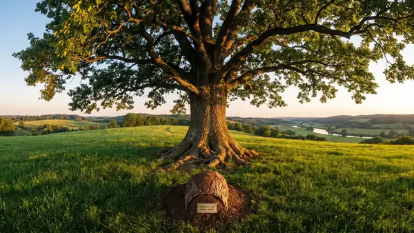Freistehende Eiche auf einer Wiese im Abendlicht
